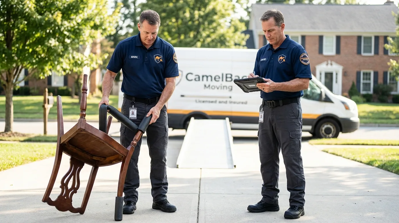 Movers inspecting furniture for damage prevention before loading in Cherryville, PA