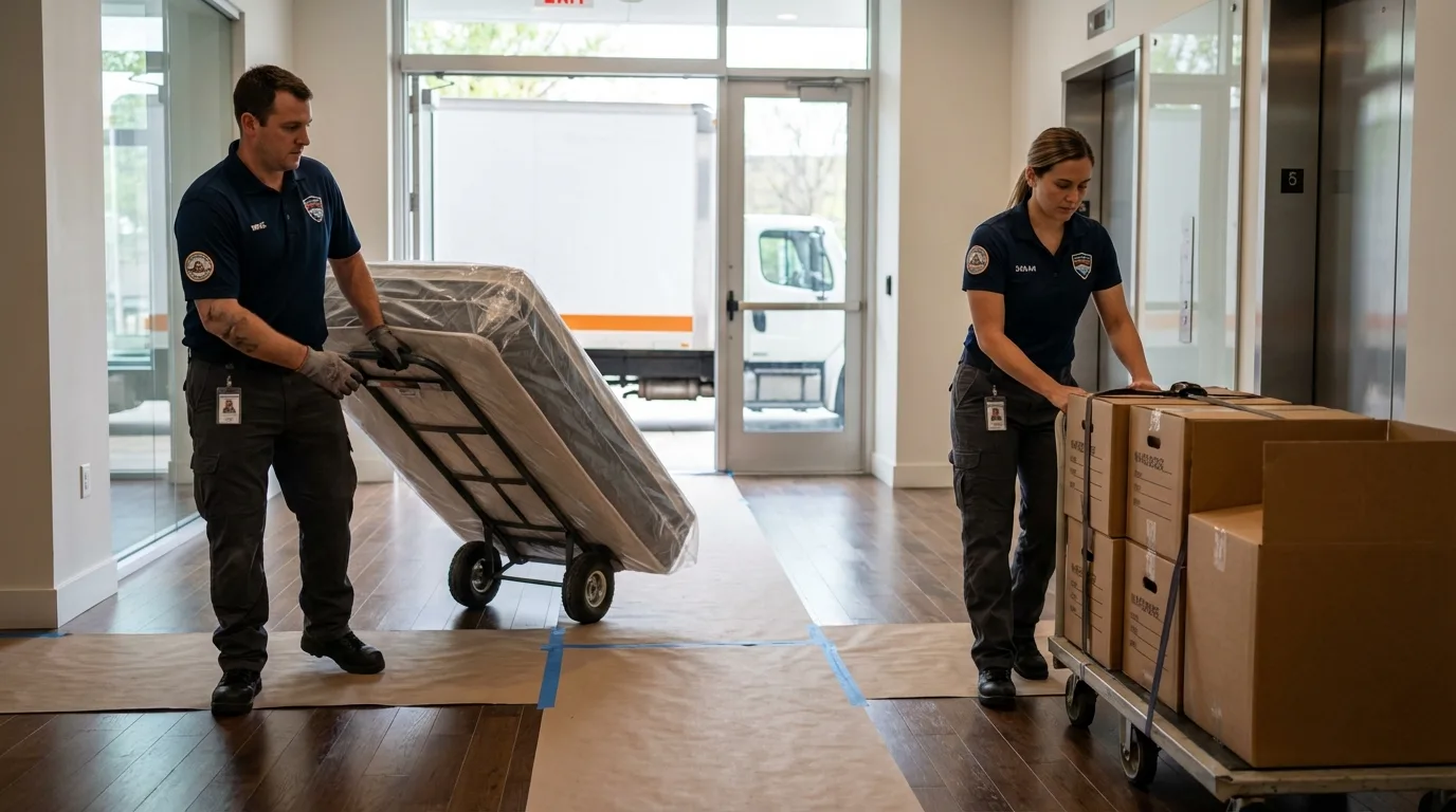 Professional apartment movers loading elevator in Cherryville, PA
