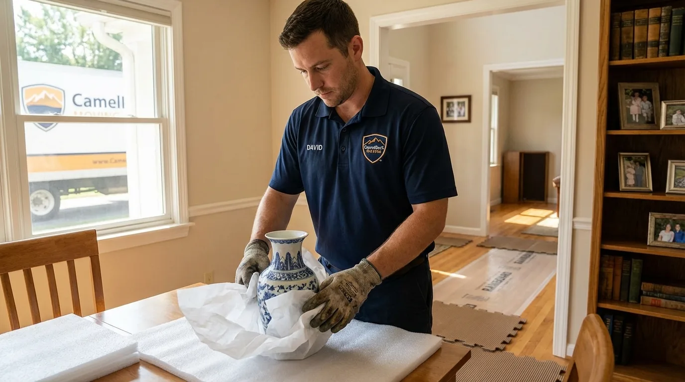 Professional crew carefully wrapping antique vase for senior downsizing move in Cherryville, PA